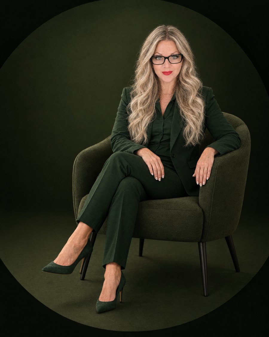 Lynne Greene seated in a green armchair
